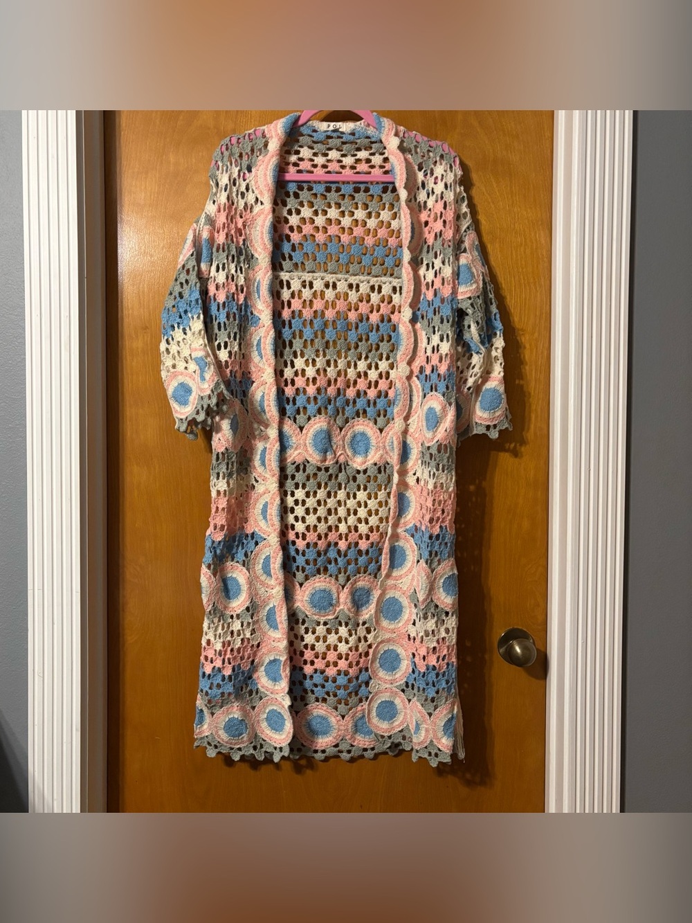POL Crochet Open-Front Long Cardigan in Cream, Pink & Blue